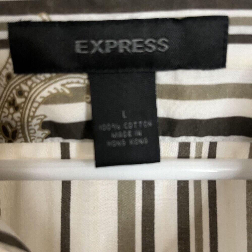 Express Men's White Brown‎ Print Stripe Button Down Long Sleeve Y2K Shirt Large - Picture 8 of 12